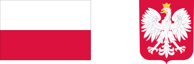 flaga RP po lewej stronie, po prawej godło Polski