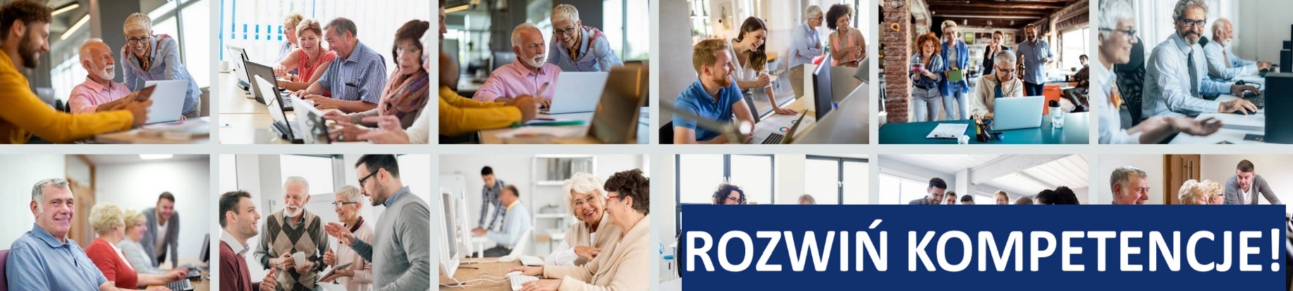 Kolaż zdjęć przedstawiający grupę osób w starszym wieku podnoszących kwalifikacje ICT - podczas szkoleń komputerowych