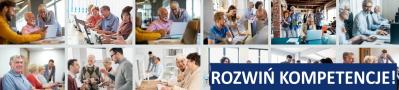 Kolaż zdjęć przedstawiający grupę osób w starszym wieku podnoszących kwalifikacje ICT - podczas szkoleń komputerowych